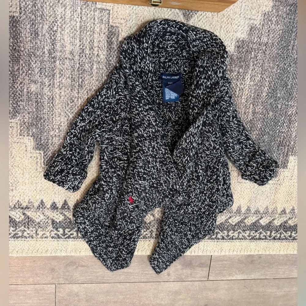 Ralph Lauren Toddler Girl Chunky Knit Black & White Marled Shawl-Collar Cardigan